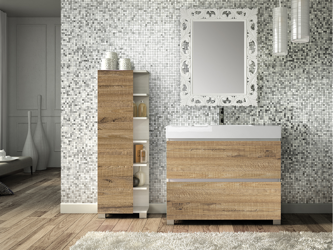 Mobile Bagno Qubo 100 cm 2 Cassetti Bianco Matrix/Sherwood con Lavabo-9008930