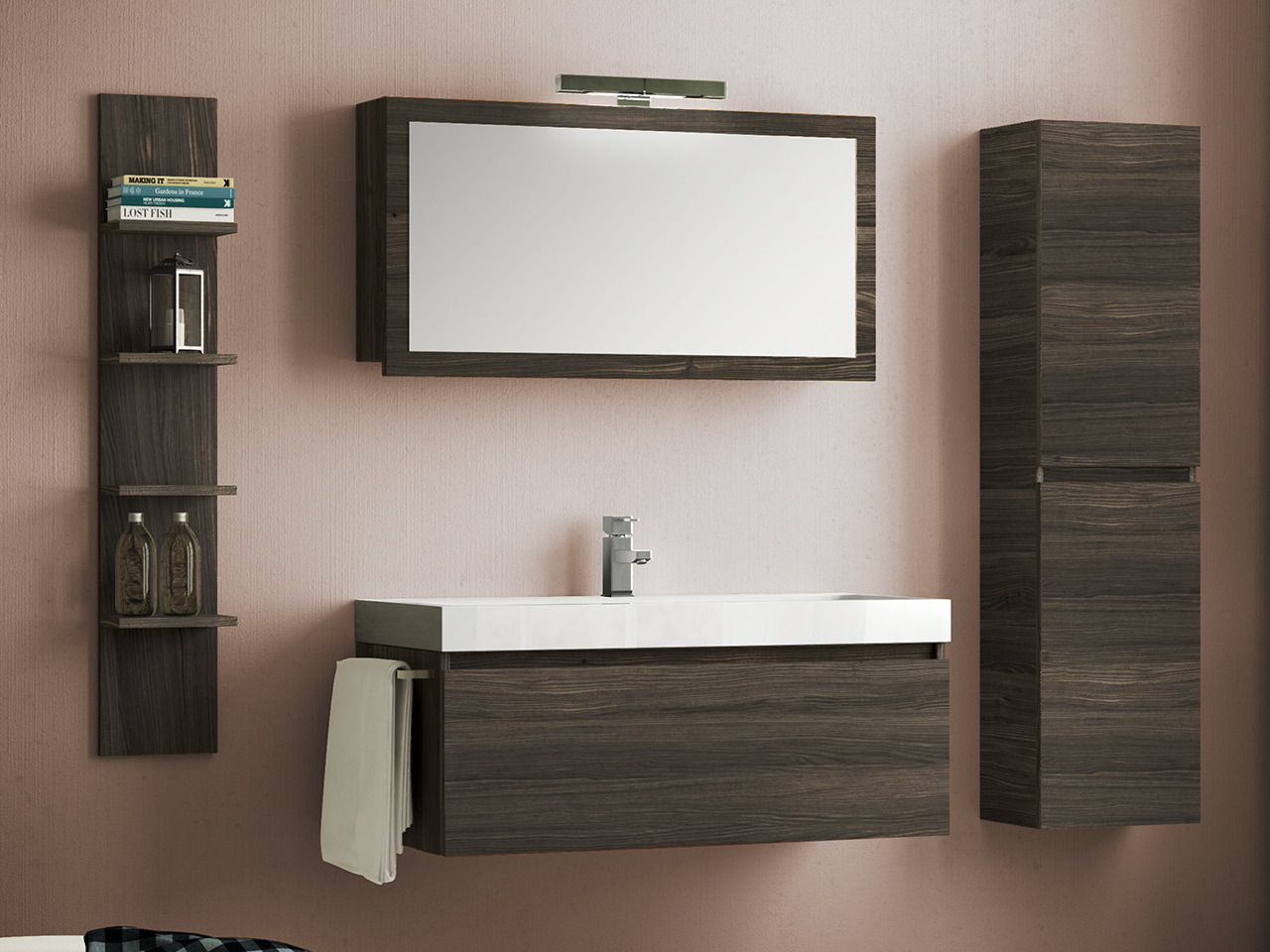 Mobile Bagno Qubo 100 cm 1 Cassetto Olmo Lava con Lavabo Unitop Bianco-9008931