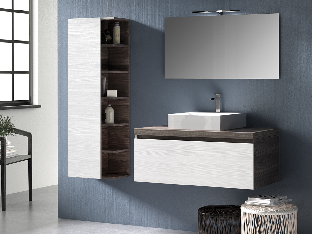 Mobile Bagno Qubo 100 cm 1 Cassetto Olmo Lava/Bianco Matrix e Toppino-9008932
