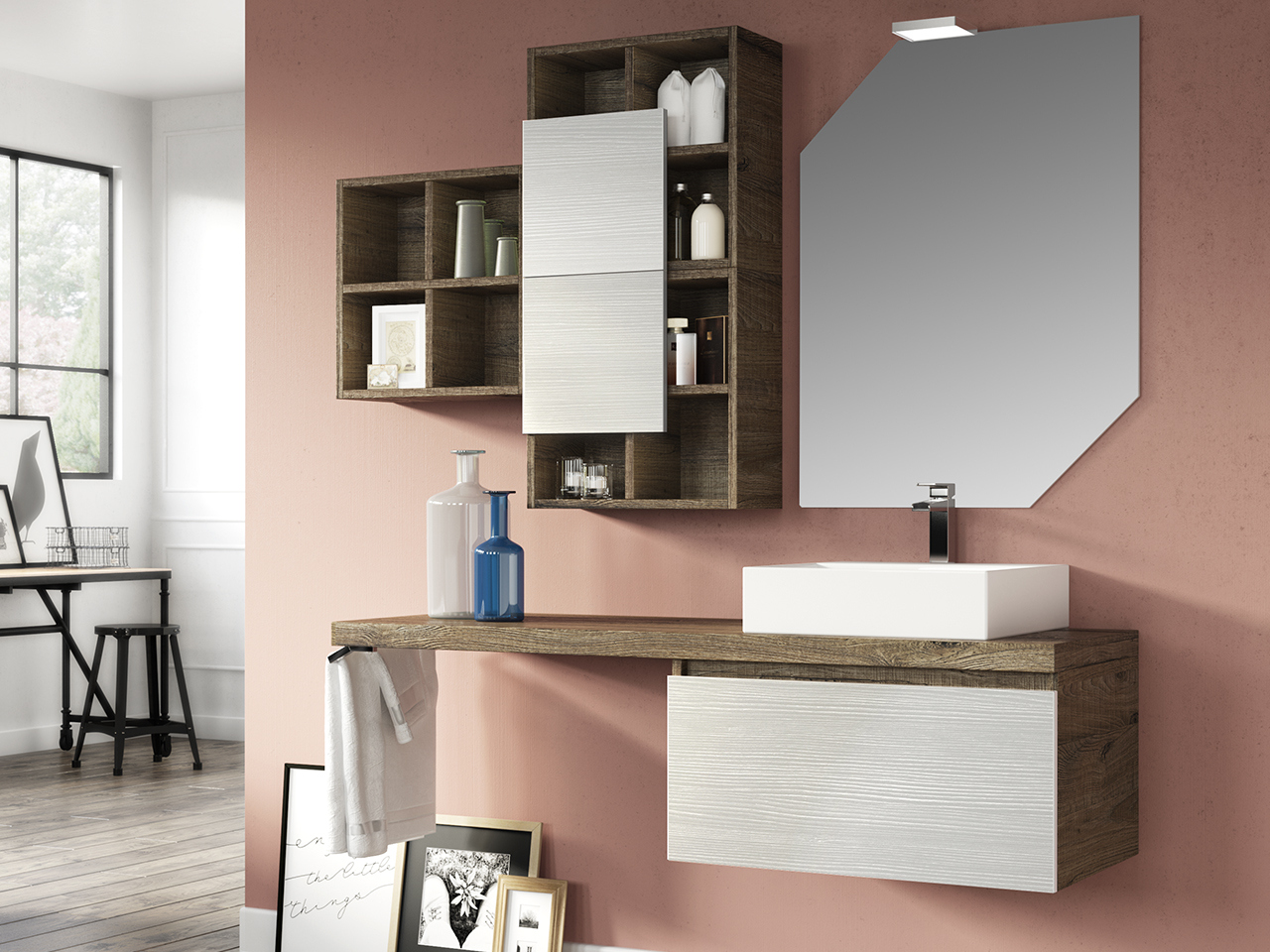 Mobile Bagno Qubo 140 cm Sherwood/Bianco Matrix con Top Sospeso-9008942