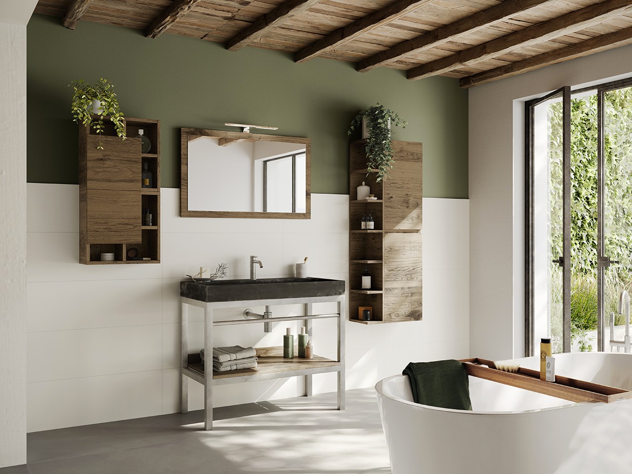 Mobile Bagno Freestanding Purestone 100 cm Inox Satinato con Lavabo Pietra Naturale Limestone Nera-9016629