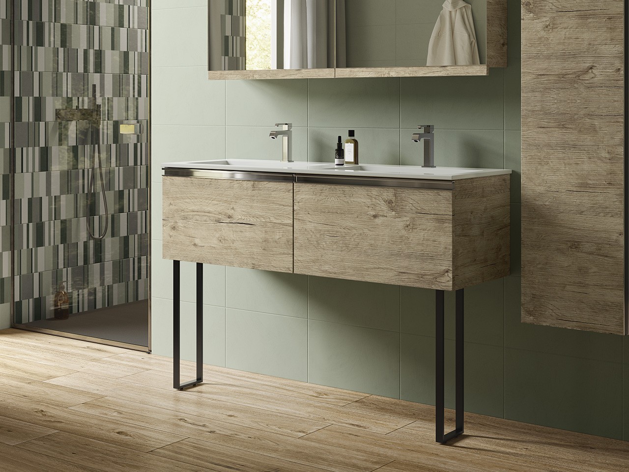 Mobile Bagno SMART 120 cm Natural Oak con doppio Lavabo Marmoresina e Staffe di supporto a terra-9018221