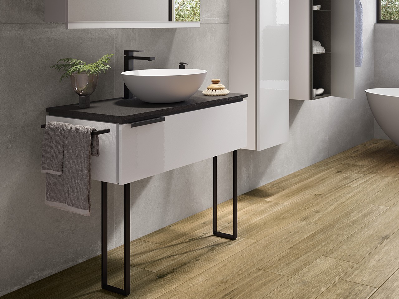 Mobile Bagno TOUCH 70 cm 1 Cassetto Bianco Lucido con Top Nero Opaco e Coppia Staffe di supporto a terra-9018231