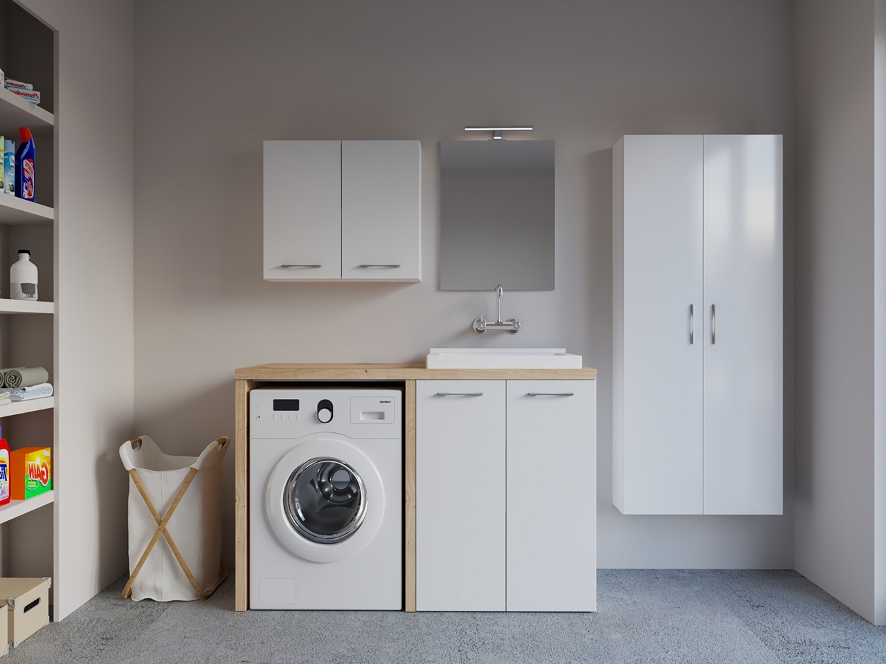 Mobile Lavanderia BONK 140 cm Coprilavatrice 2 Ante e Lavatoio a Destra Bianco Lucido/Rovere Nodato-9019738