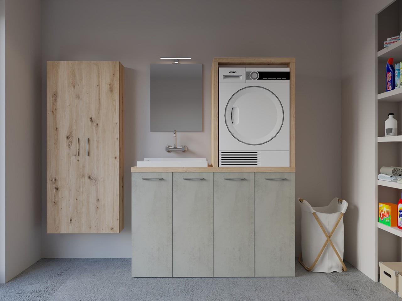 Mobile Lavanderia BONK 140 cm Portalavatrice e Copriasciugatrice 4 Ante e Lavatoio a Sinistra Cemento/Rovere Nodato-9019745