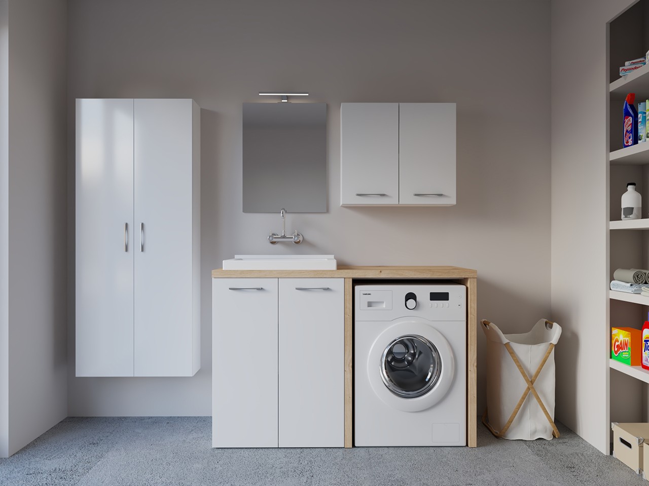 Mobile Lavanderia BONK 140 cm Coprilavatrice 2 Ante e Lavatoio a Sinistra Bianco Lucido/Rovere Nodato-9019747