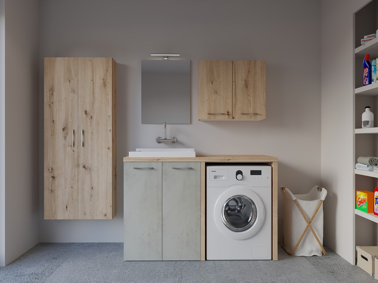 Mobile Lavanderia BONK 140 cm Coprilavatrice 2 Ante e Lavatoio a Sinistra Cemento/Rovere Nodato-9019748