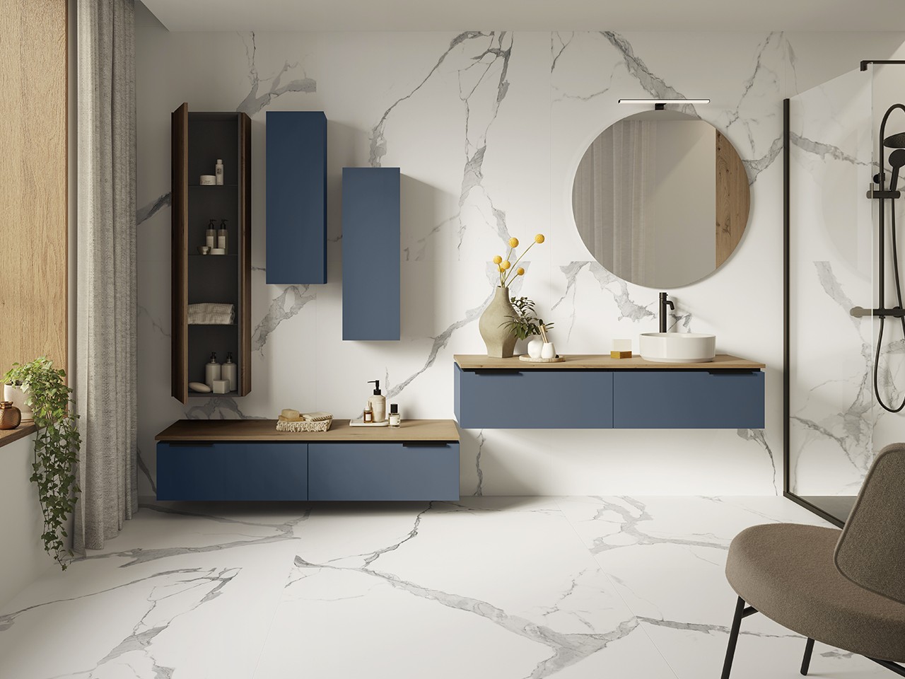 Mobile Bagno TOUCH 140 cm 2 Cassetti Azzurro Opaco e Top 1,8 cm Rovere Nodi-9016679