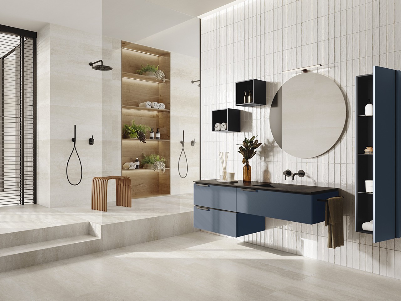 Mobile Bagno TOUCH 160 cm 3 Cassetti Azzurro Opaco e Lavabo Unitop Destro in Resina effetto Pietra Nero semilucido-9016686