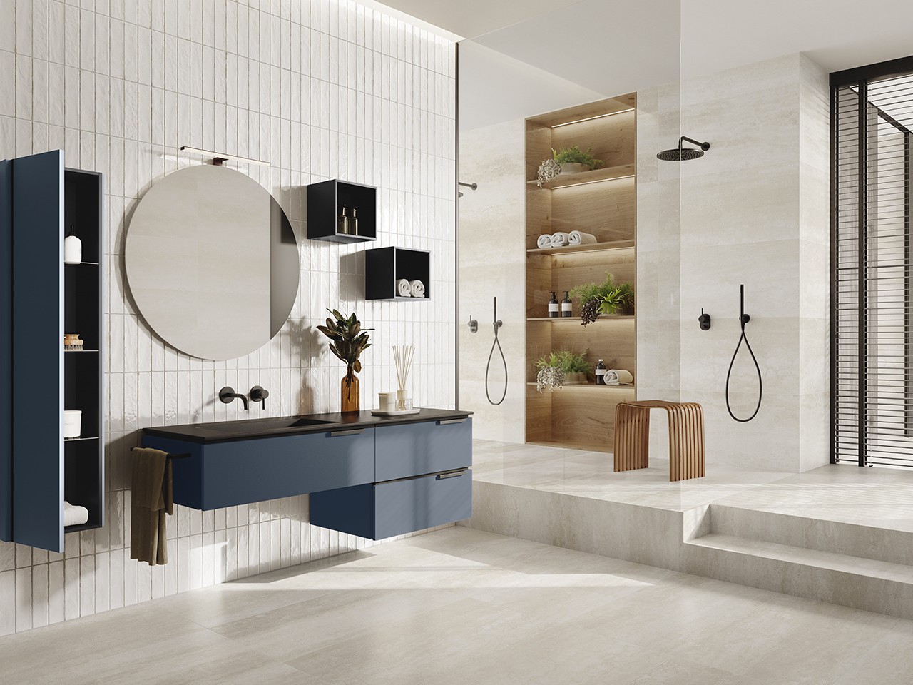Mobile Bagno TOUCH 160 cm 3 Cassetti Azzurro Opaco e Lavabo Unitop Sinistro in Resina effetto Pietra Nero semilucido-9016689
