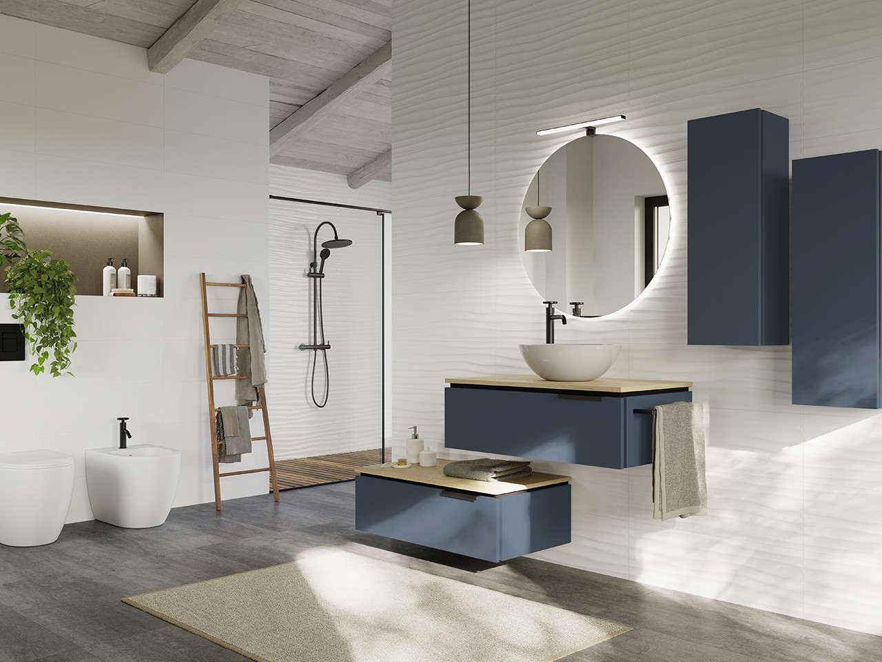 Mobile Bagno TOUCH 70 cm 1 Cassetto Azzurro Opaco e Top 1,8 cm Rovere Nodi-9016690