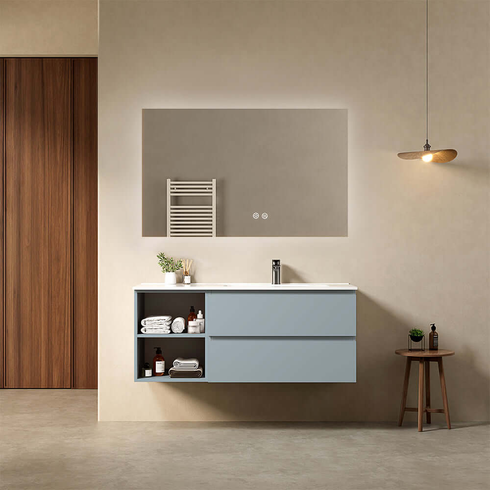 Mobile bagno sospeso 120 cm Blu Avio Lavabo a Destra in Ceramica Specchio Quadro Retroilluminato - Fiji Paint Plus