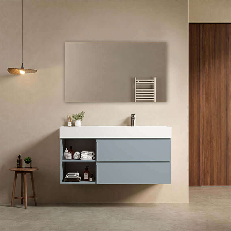 Mobile bagno sospeso 120 cm Blu Avio Lavabo a Destra in Resina Specchio Quadro - Fiji Paint Plus