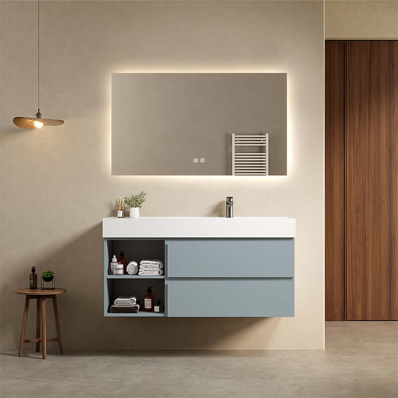 Mobile bagno sospeso 120 cm Blu Avio Lavabo a Destra in Resina Specchio Quadro Retroilluminato - Fiji Paint Plus