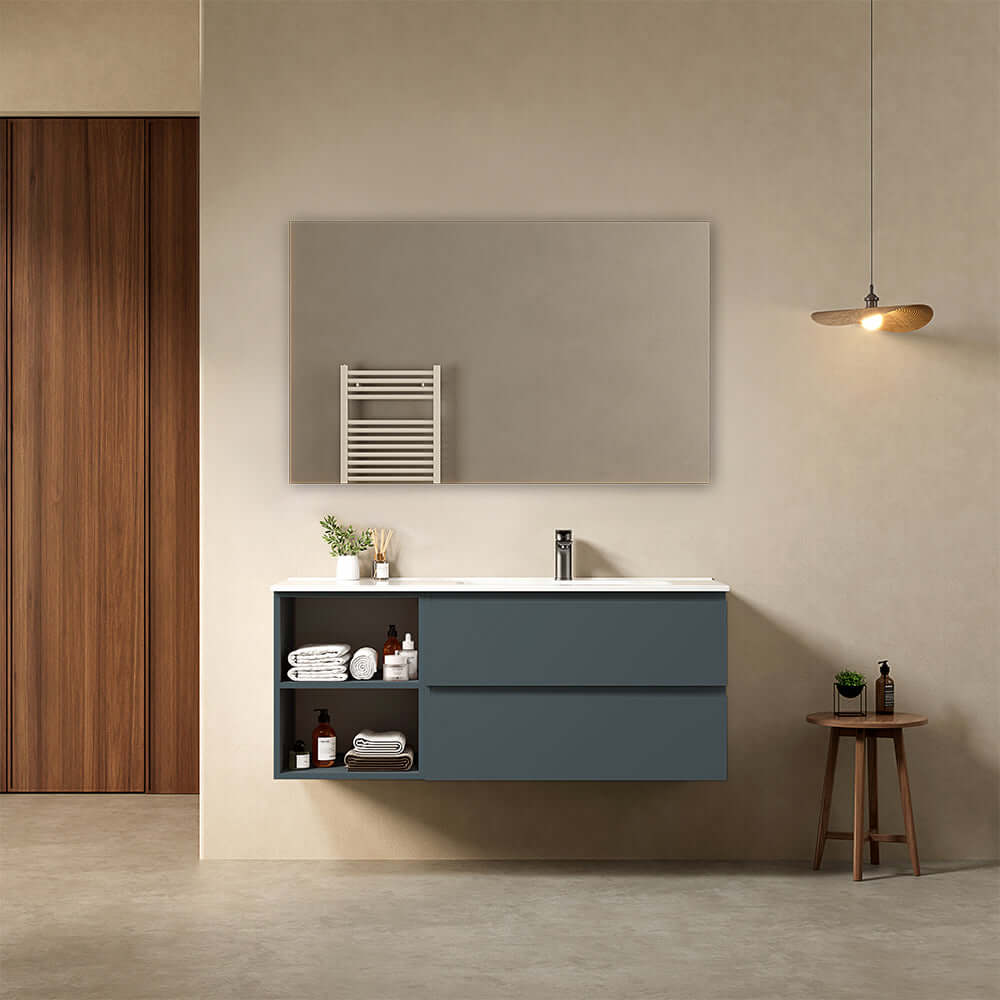 Mobile bagno sospeso 120 cm Blu Mare Lavabo a Destra in Ceramica Specchio Quadro - Fiji Paint Plus