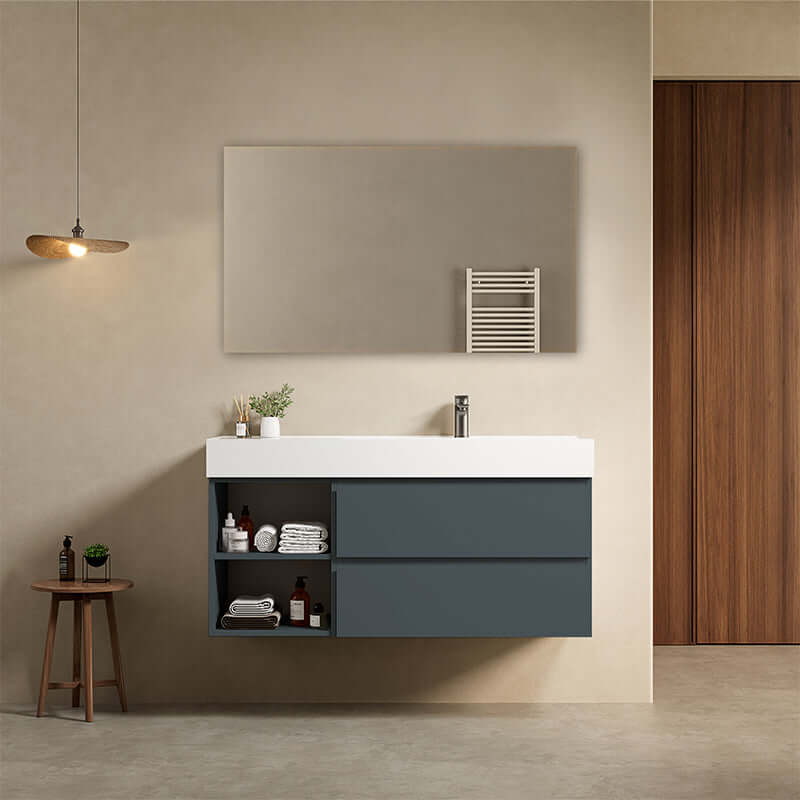 Mobile bagno sospeso 120 cm Blu Mare Lavabo a Destra in Resina Specchio Quadro - Fiji Paint Plus