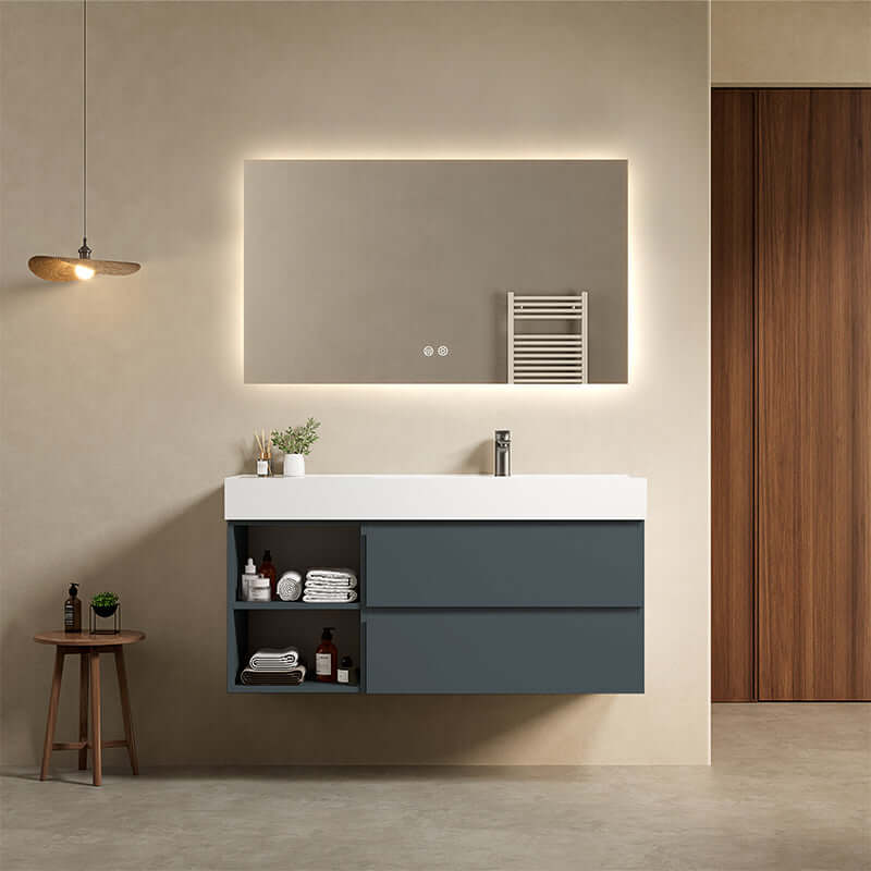 Mobile bagno sospeso 120 cm Blu Mare Lavabo a Destra in Resina Specchio Quadro Retroilluminato - Fiji Paint Plus