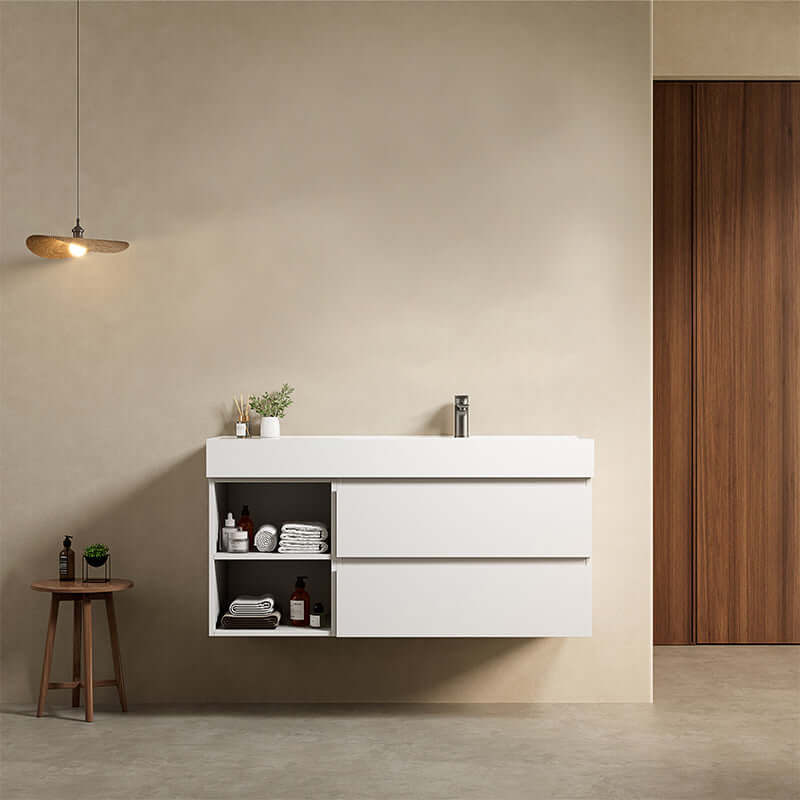 Mobile bagno sospeso 120 cm Bianco Lavabo a Destra in Resina Senza Specchio - Fiji Paint Plus