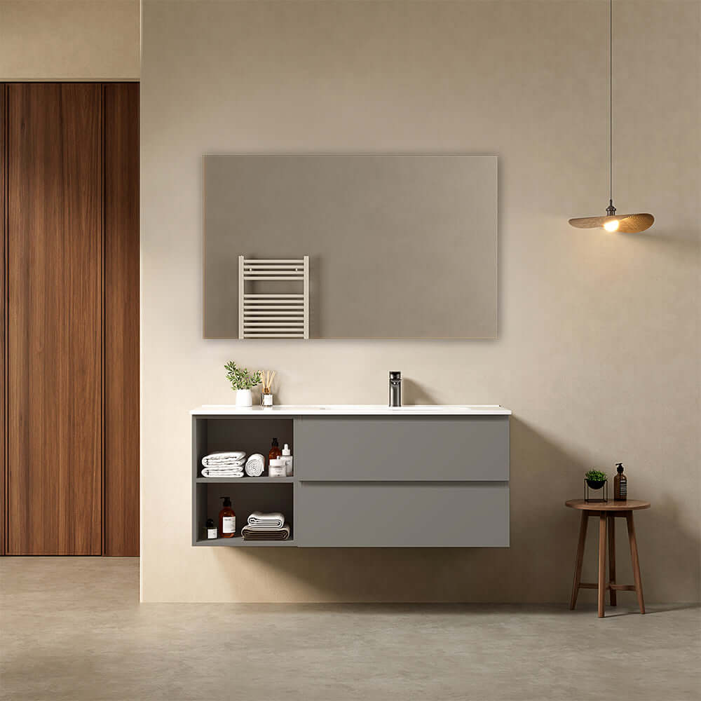 Mobile bagno sospeso 120 cm Grigio Londra Lavabo a Destra in Ceramica Specchio Quadro - Fiji Paint Plus