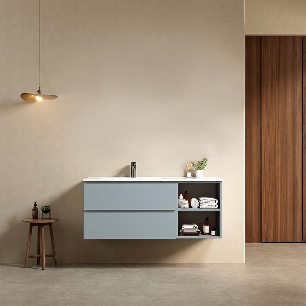 Mobile bagno sospeso 120 cm Blu Avio Lavabo a Sinistra in Ceramica Senza Specchio - Fiji Paint Plus