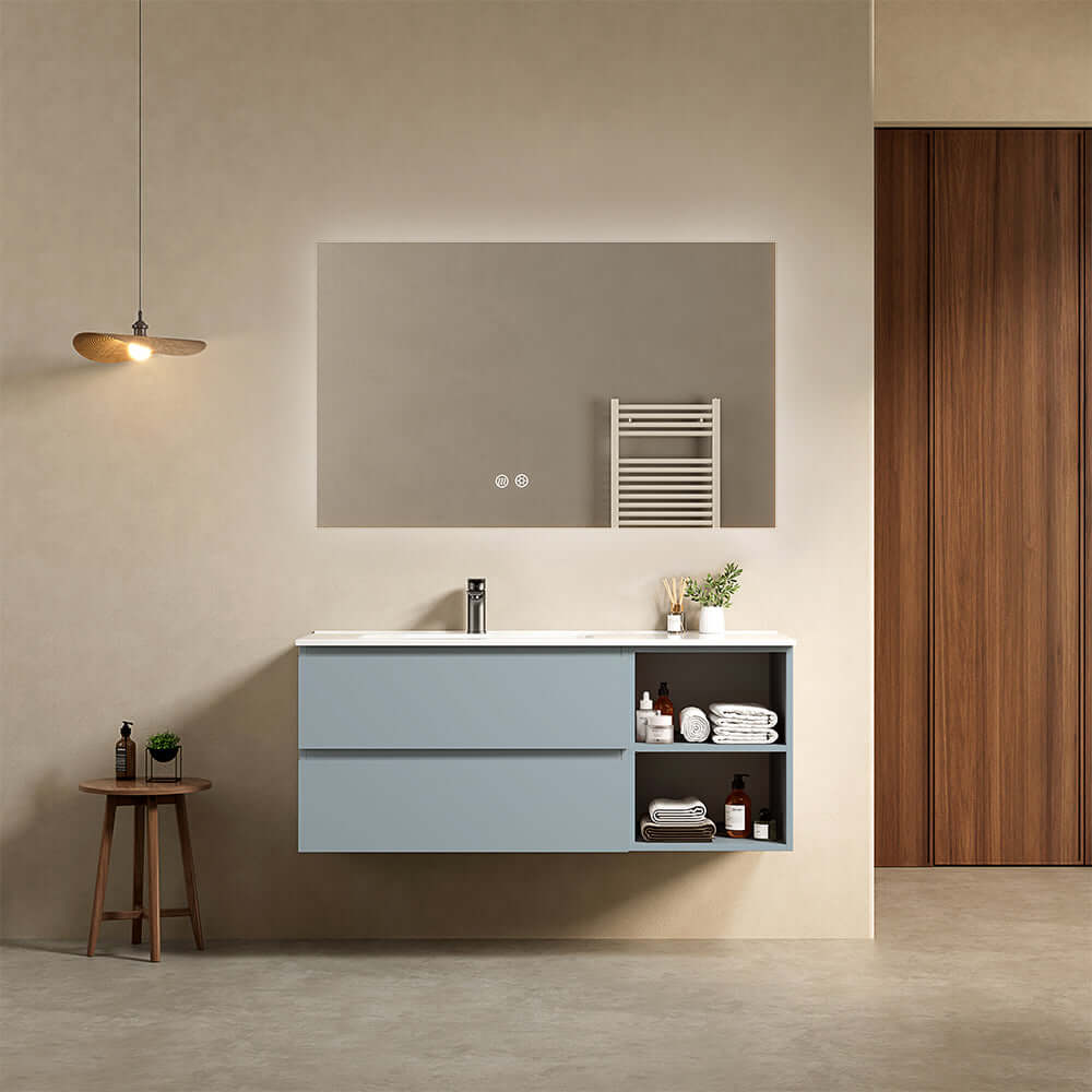 Mobile bagno sospeso 120 cm Blu Avio Lavabo a Sinistra in Ceramica Specchio Quadro Retroilluminato - Fiji Paint Plus