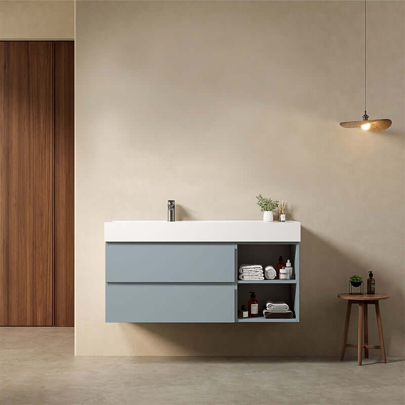 Mobile bagno sospeso 120 cm Blu Avio Lavabo a Sinistra in Resina Senza Specchio - Fiji Paint Plus