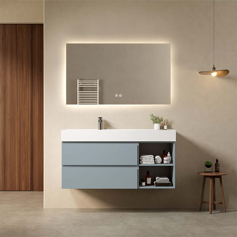 Mobile bagno sospeso 120 cm Blu Avio Lavabo a Sinistra in Resina Specchio Quadro Retroilluminato - Fiji Paint Plus