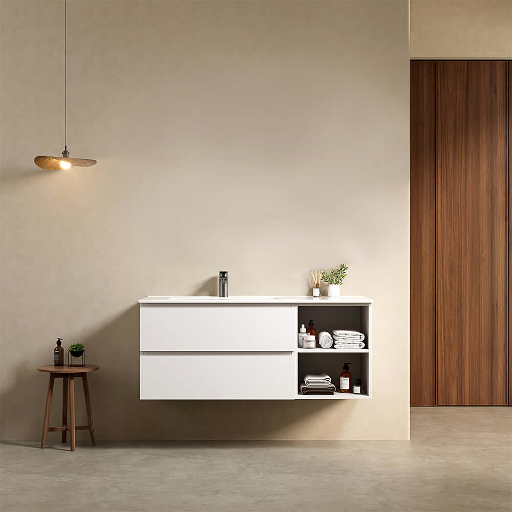 Mobile bagno sospeso 120 cm Bianco Lavabo a Sinistra in Ceramica Senza Specchio - Fiji Paint Plus