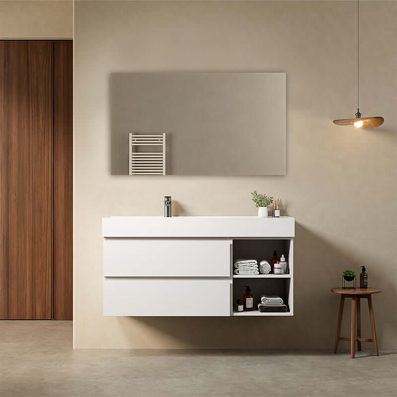 Mobile bagno sospeso 120 cm Bianco Lavabo a Sinistra in Resina Specchio Quadro - Fiji Paint Plus