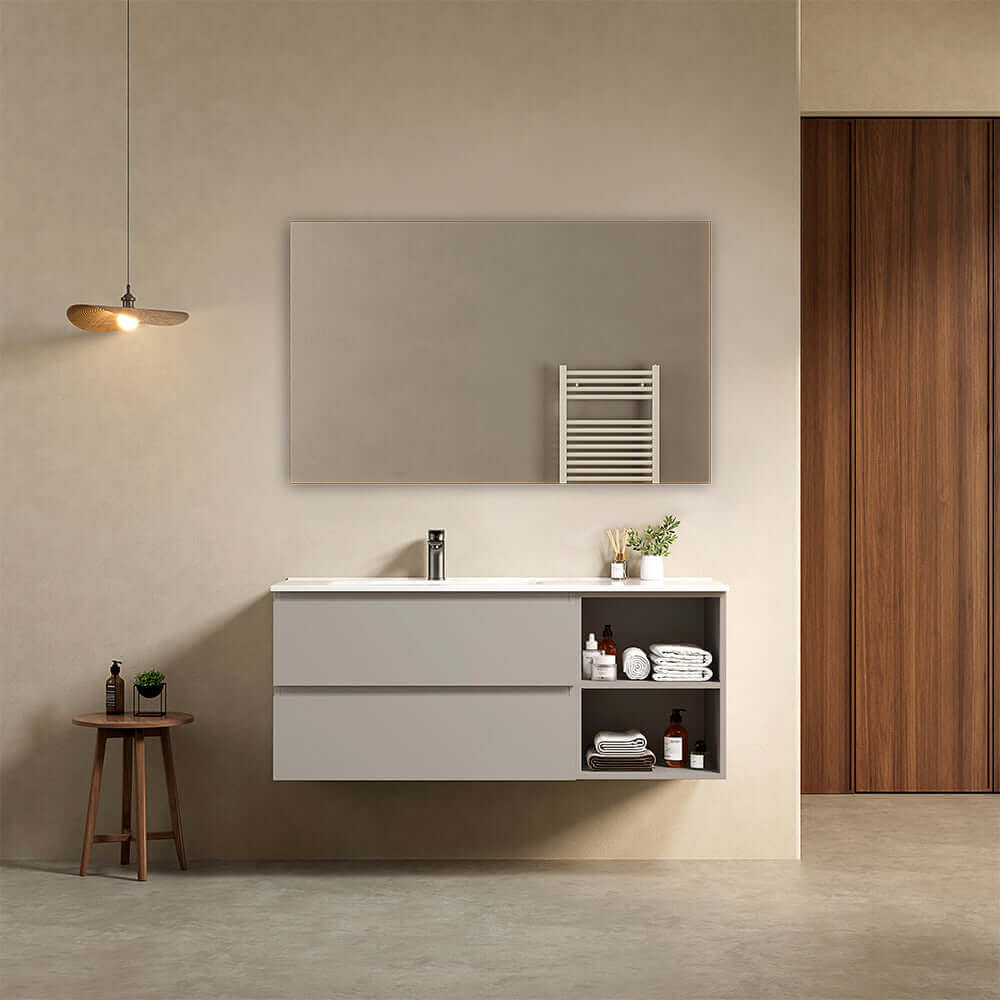 Mobile bagno sospeso 120 cm Grigio Cenere Lavabo a Sinistra in Ceramica Specchio Quadro - Fiji Paint Plus