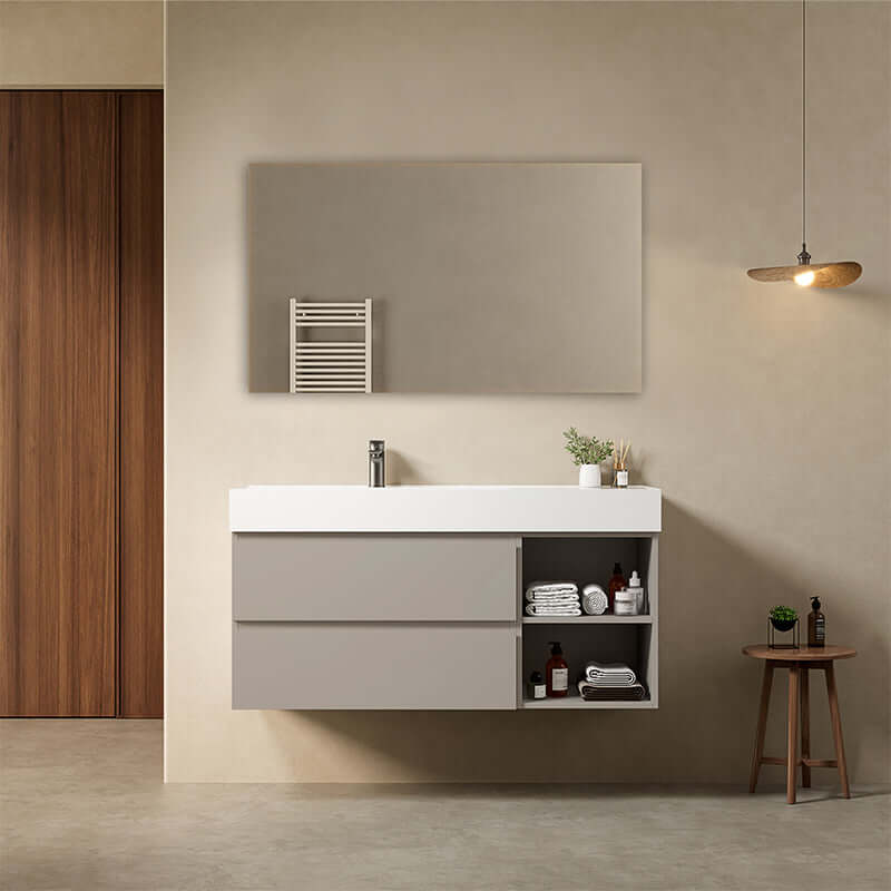 Mobile bagno sospeso 120 cm Grigio Cenere Lavabo a Sinistra in Resina Specchio Quadro - Fiji Paint Plus