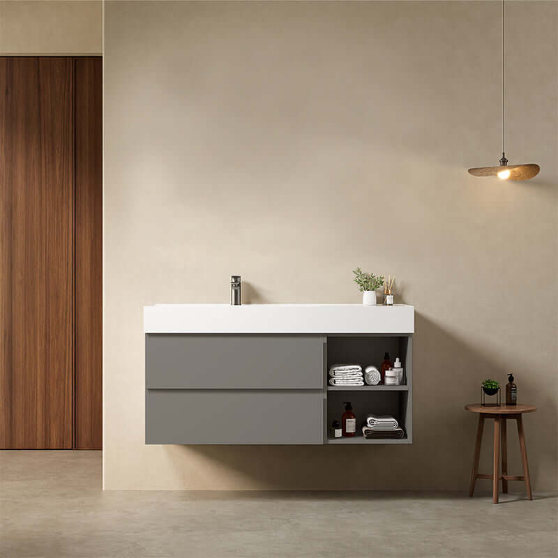 Mobile bagno sospeso 120 cm Grigio Londra Lavabo a Sinistra in Resina Senza Specchio - Fiji Paint Plus
