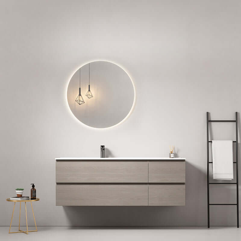 Mobile bagno sospeso 140 cm Beige Lavabo a Sinistra in Resina Specchio Tondo Retroilluminato - Fiji Wood
