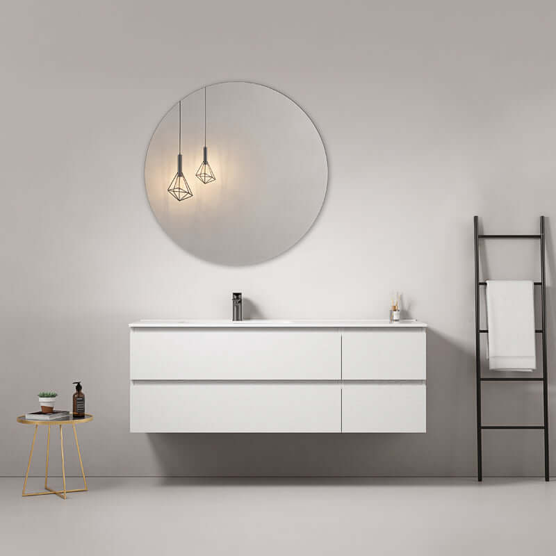 Mobile bagno sospeso 140 cm Bianco Lavabo a Sinistra in Resina Specchio Tondo - Fiji Wood