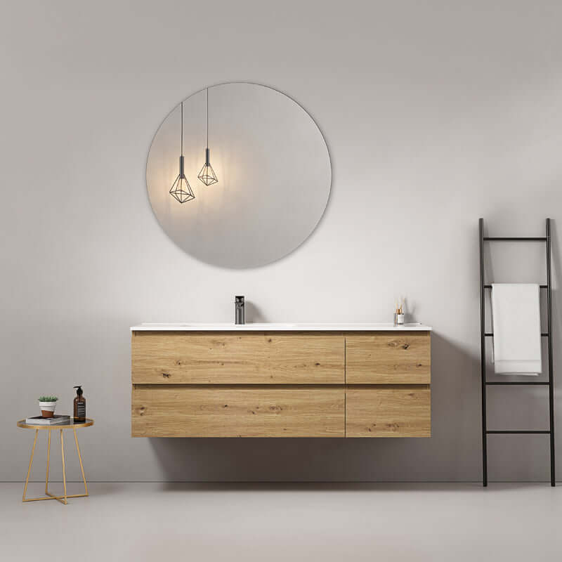 Mobile bagno sospeso 140 cm Bruno Medio Lavabo a Sinistra in Resina Specchio Tondo - Fiji Wood