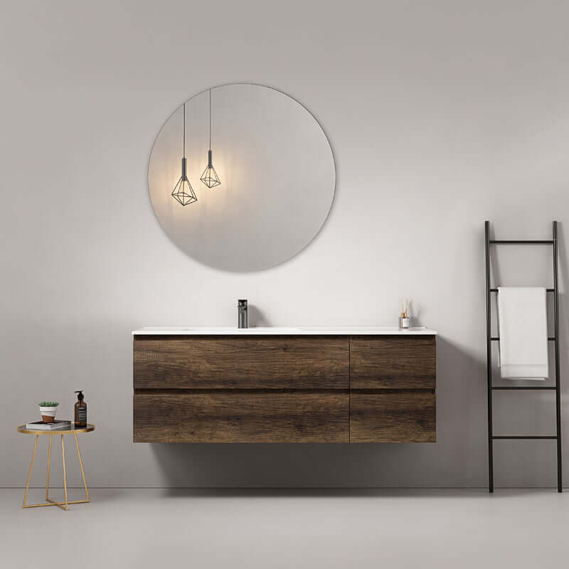 Mobile bagno sospeso 140 cm Bruno Scuro Lavabo a Sinistra in Resina Specchio Tondo - Fiji Wood