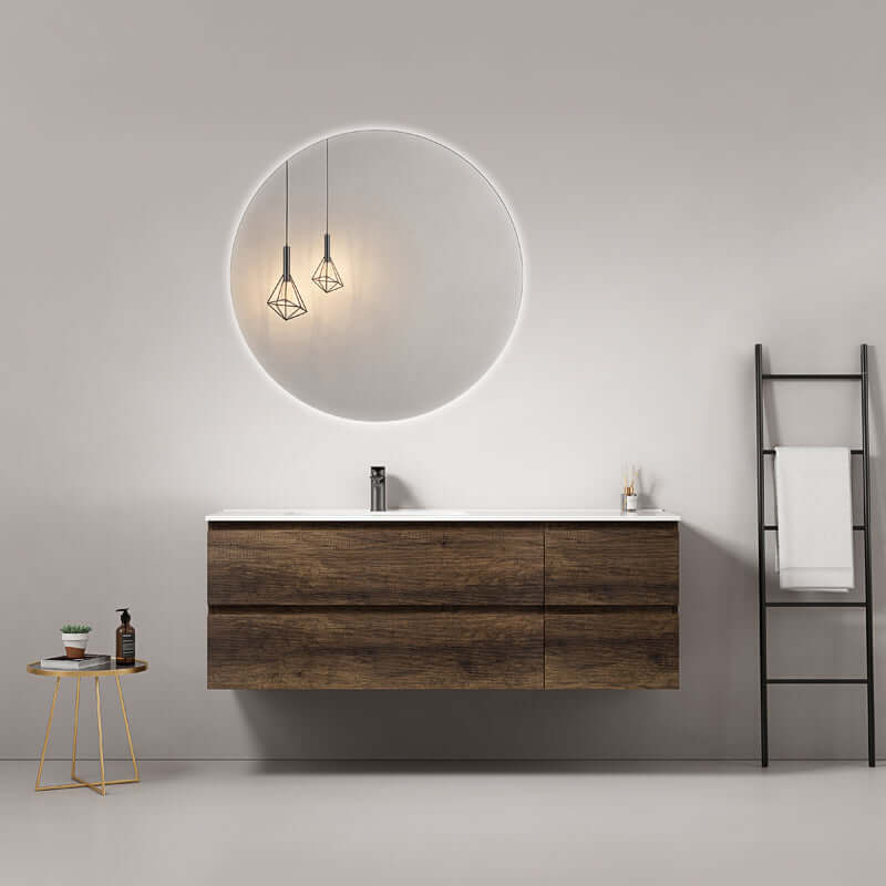 Mobile bagno sospeso 140 cm Bruno Scuro Lavabo a Sinistra in Resina Specchio Tondo Retroilluminato - Fiji Wood