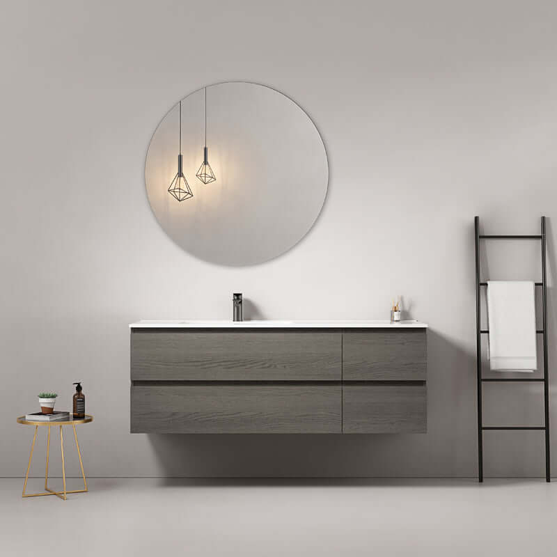 Mobile bagno sospeso 140 cm Grey Lavabo a Sinistra in Resina Specchio Tondo - Fiji Wood