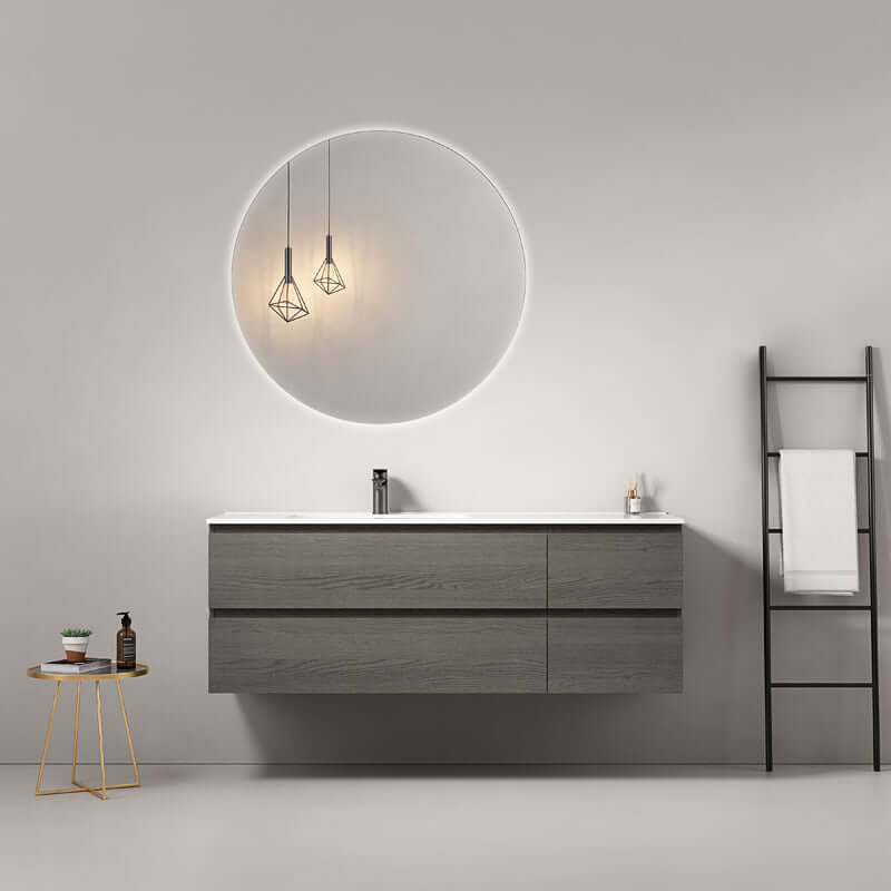 Mobile bagno sospeso 140 cm Grey Lavabo a Sinistra in Resina Specchio Tondo Retroilluminato - Fiji Wood