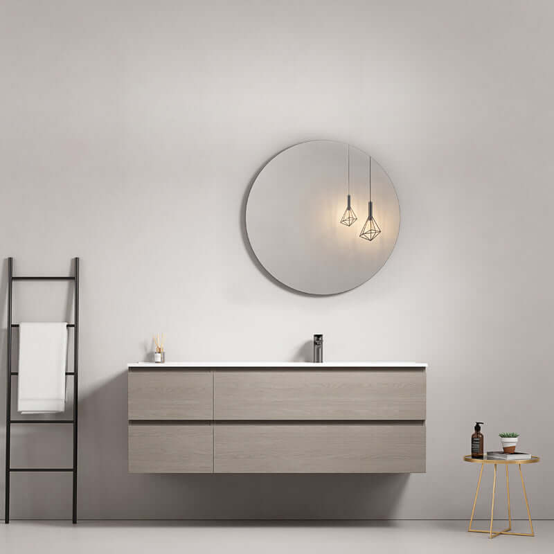 Mobile bagno sospeso 140 cm Beige Lavabo a Destra in Resina Specchio Tondo - Fiji Wood