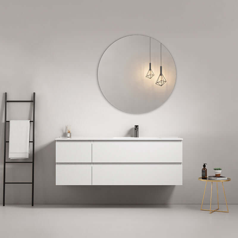Mobile bagno sospeso 140 cm Bianco Lavabo a Destra in Resina Specchio Tondo - Fiji Wood