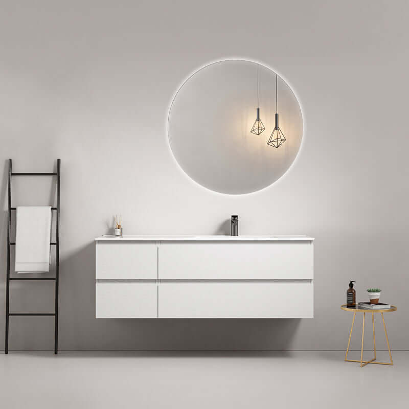 Mobile bagno sospeso 140 cm Bianco Lavabo a Destra in Resina Specchio Tondo Retroilluminato - Fiji Wood