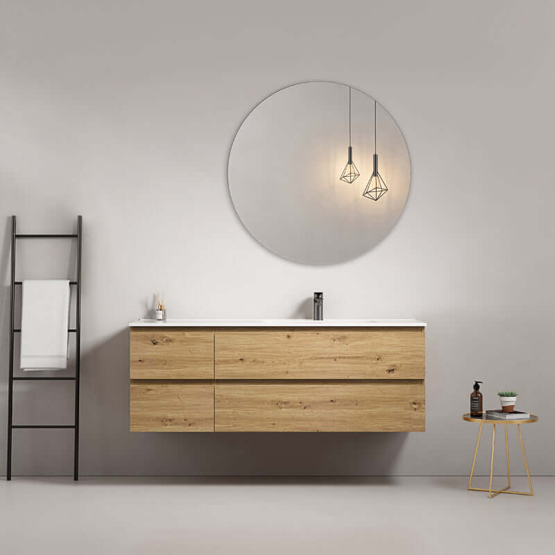 Mobile bagno sospeso 140 cm Bruno Medio Lavabo a Destra in Resina Specchio Tondo - Fiji Wood