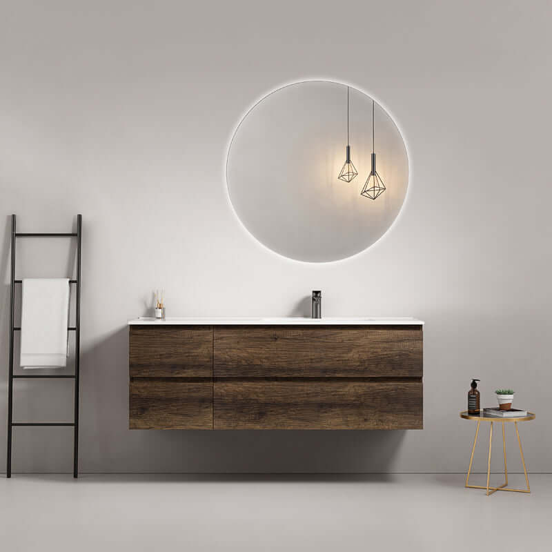 Mobile bagno sospeso 140 cm Bruno Scuro Lavabo a Destra in Resina Specchio Tondo Retroilluminato - Fiji Wood