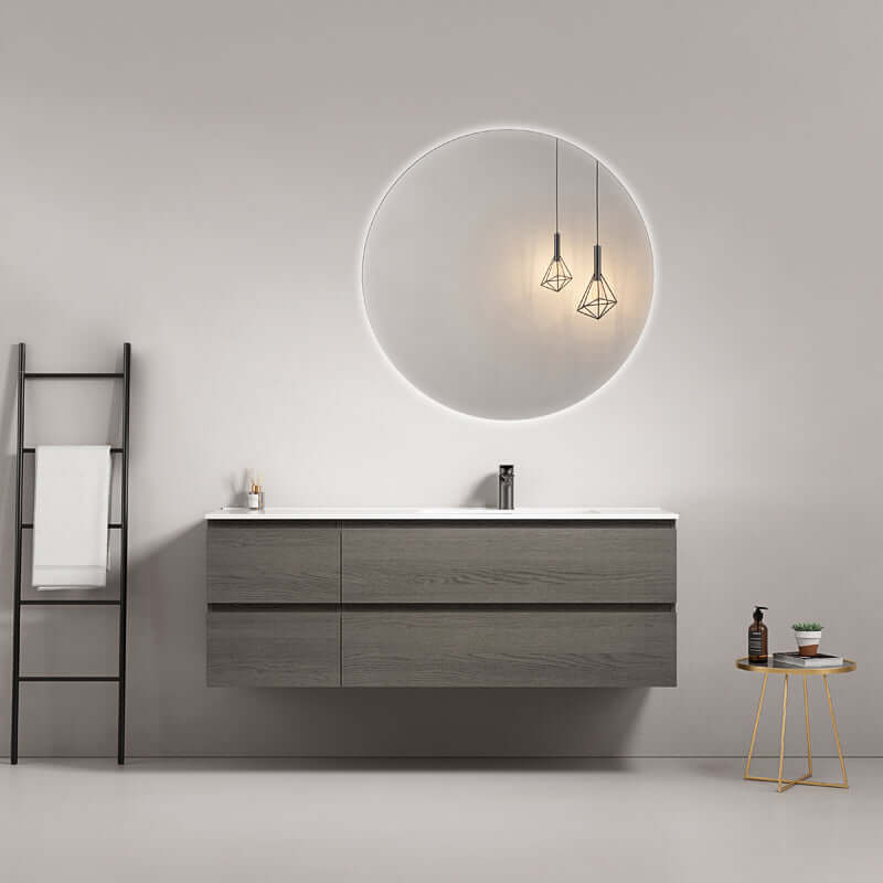 Mobile bagno sospeso 140 cm Grey Lavabo a Destra in Resina Specchio Tondo Retroilluminato - Fiji Wood