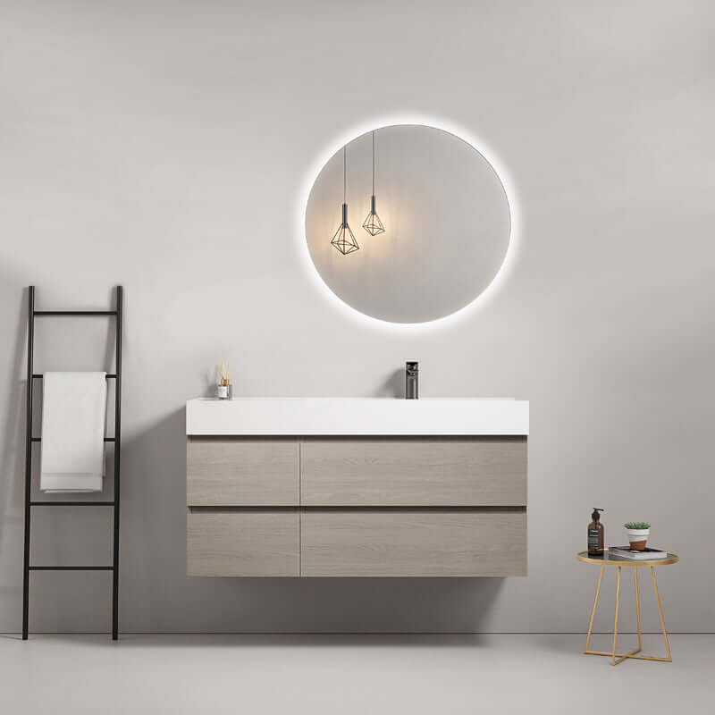 Mobile bagno sospeso 120 cm Beige Lavabo a Destra in Resina Specchio Tondo Retroilluminato - Fiji Wood