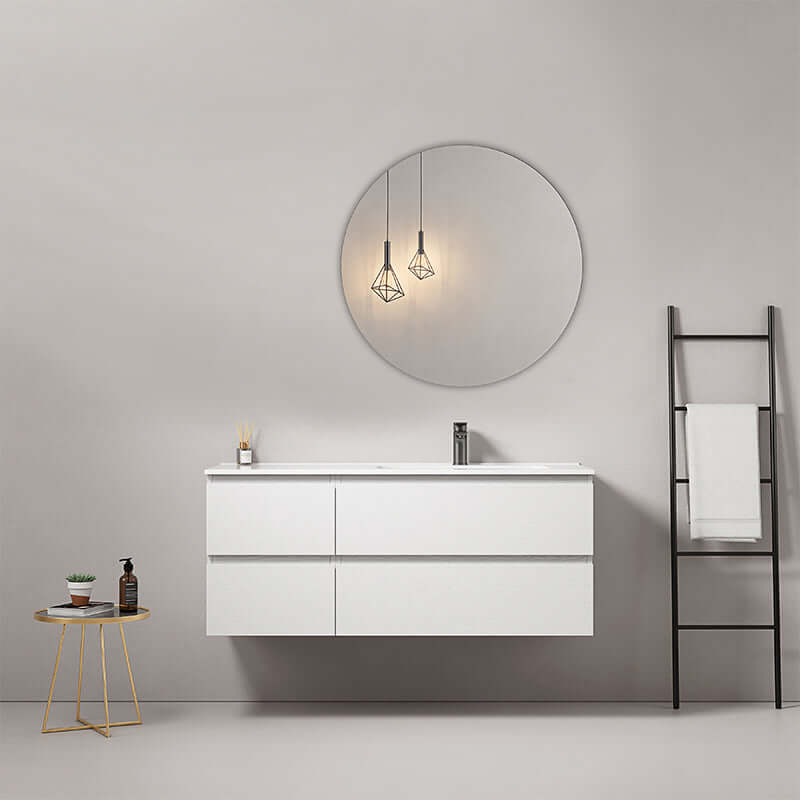 Mobile bagno sospeso 120 cm Bianco Lavabo a Destra in Ceramica Specchio Tondo - Fiji Wood