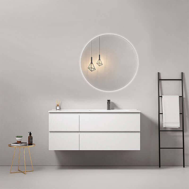 Mobile bagno sospeso 120 cm Bianco Lavabo a Destra in Ceramica Specchio Tondo Retroilluminato - Fiji Wood