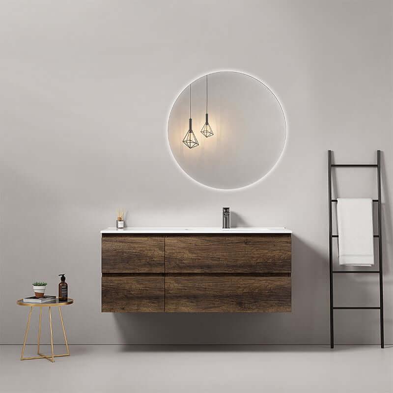 Mobile bagno sospeso 120 cm Bruno Scuro Lavabo a Sinistra in Ceramica Specchio Tondo Retroilluminato - Fiji Wood