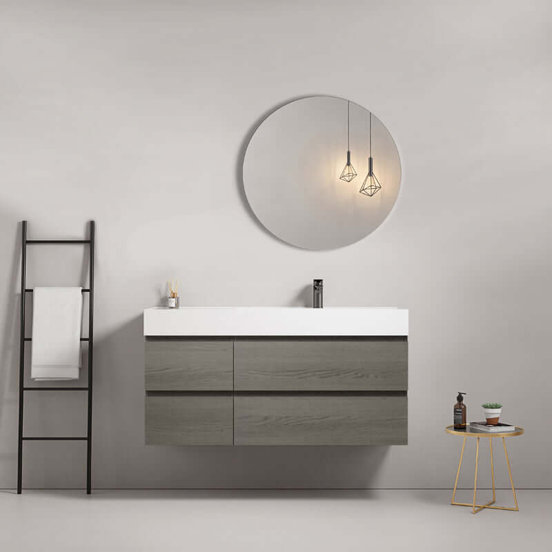Mobile bagno sospeso 120 cm Grey Lavabo a Destra in Resina Specchio Tondo - Fiji Wood